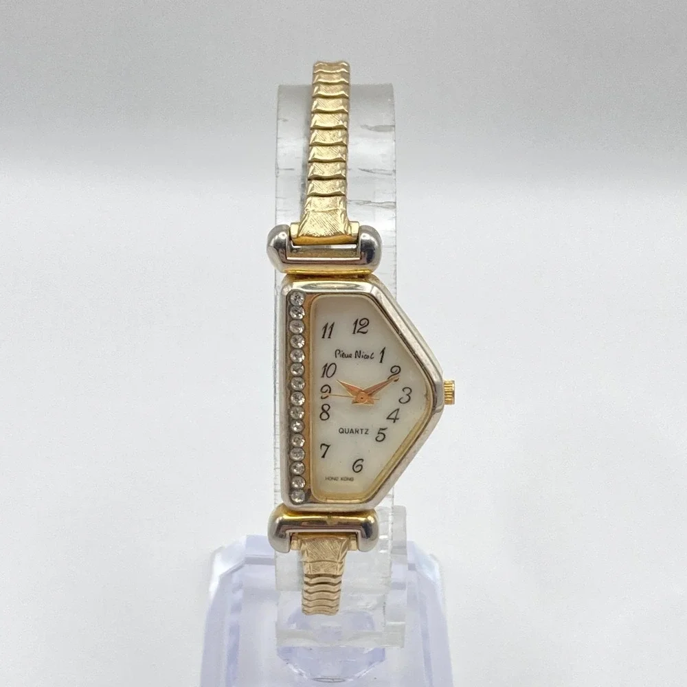 Pierre Nicol Half Moon Womens Watch Gold Tone Crystals MOP New Battery SMALL